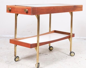 Mid Century Modern walnut & brass hot plate serving bar cart.