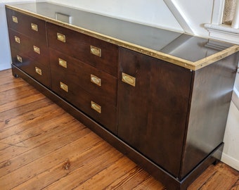 Mid Century Campaign-Style Sideboard – 9-Drawer Credenza, Brass Hardware, Modern Industrial Look.