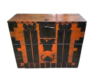 19th Century Korean Tansu Chest – Dowry Chest in Faded Orange Lacquer with Hand-Forged Ironwork.