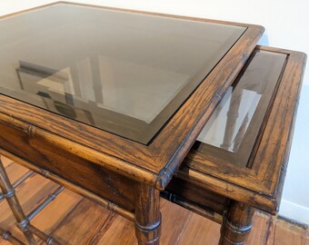 Vintage MCM faux bamboo smoked glass nesting tables