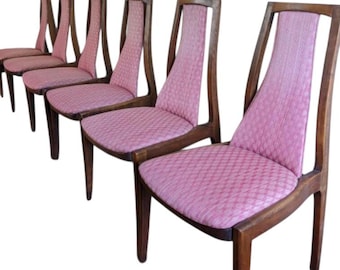 Set of 6 Mid Century Modern High Back Dining Chairs – Sculptural Walnut Frames, Vintage Pink Upholstery.