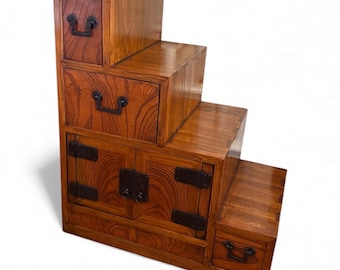 Vintage Japanese Step Cabinet – Solid Wood Tansu Chest with Iron Hardware – Rustic Modular Storage – Mid Century Style Furniture