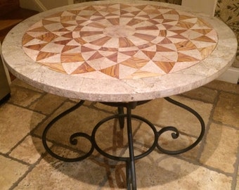 Handcrafted Roman mosaic outdoor, patio, garden, pool side table on vintage wrought iron base