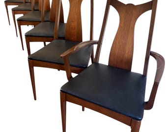 Set of 6 Broyhill Brasilia Dining Chairs – Sculpted Walnut, New Genuine Leather Seats, Mid Century Modern.
