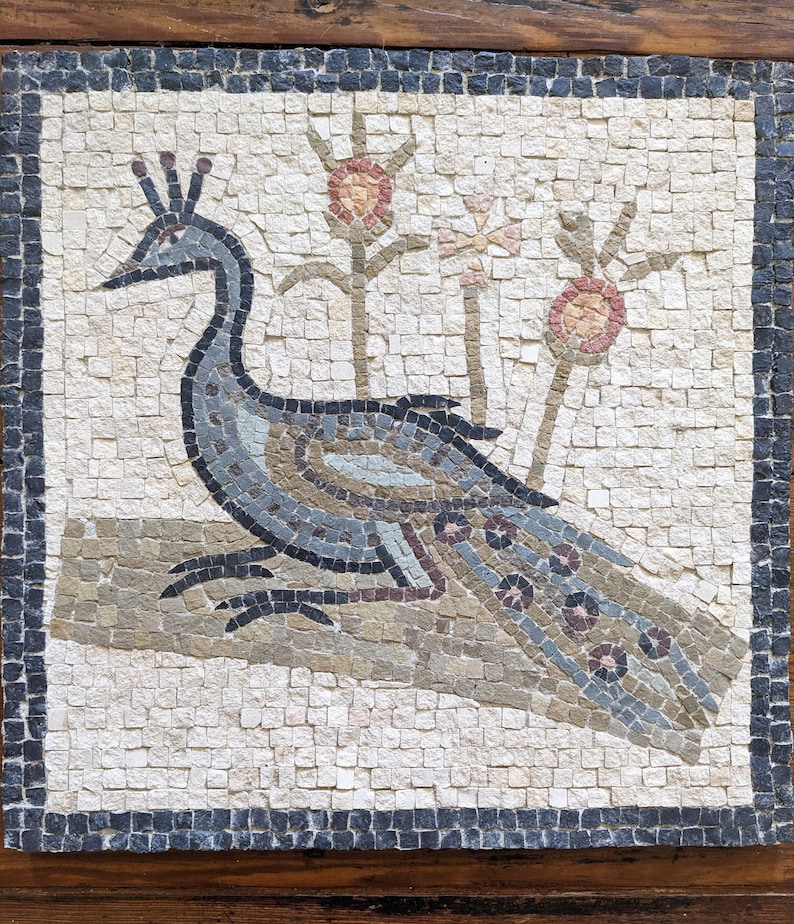 Hand crafted, reproduction Roman mosaic peacock. image 1