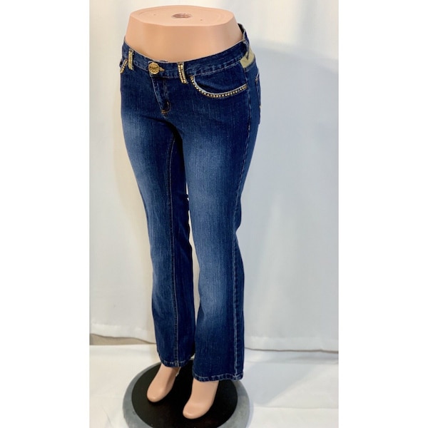 Daisy Fuentes Gold Trim Embellished Straight Leg Denim Jeans Y2K SZ 6 EUC