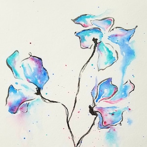 Original blue floral watercolor painting, watercolor flowers, floral watercolors, abstract floral paintings, original flower painting