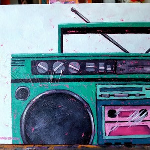 Vintage boombox 8 x 10" olieverfschilderij op canvas paneel