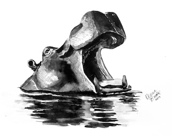 Dibujo a tinta de hipopótamo, impresión giclée de archivo, 11 x 14 pulgadas