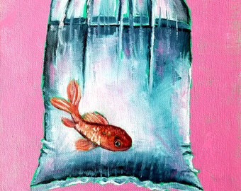 Original 8x8" goldfish in a bag oil painting on canvas panel