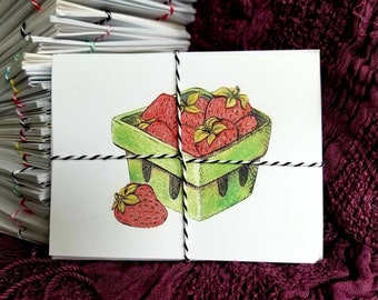 Strawberry basket handmade note card set of 4 with envelopes
