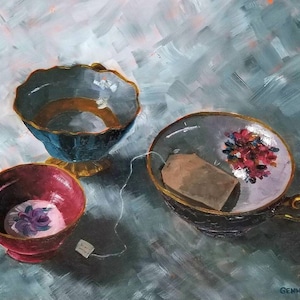 Vintage tea cups 11x14&quot; Limited Edition archival giclee print from an oil painting