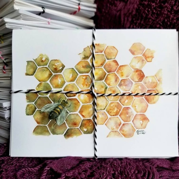 Watercolor honeycomb bee handmade note card set of 4 with envelopes