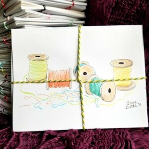 Watercolor thread spool seamstress handmade note card set of 4 with envelopes