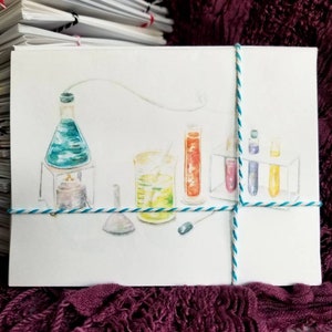 化学マッドサイエンティストの水彩画の手作りノートカード 4 枚セット（封筒付き）