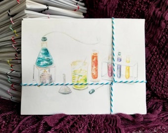 Chemistry mad scientist watercolor handmade note card set of 4 with envelopes