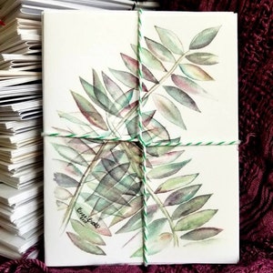 Ensemble de 4 cartes de correspondance faites main fougères botaniques aquarelles avec enveloppes