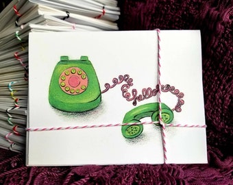 Hello vintage rotary phone handmade note card set of 4 with envelopes