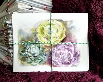 Watercolor succulent plants handmade note card set of 4 with envelopes