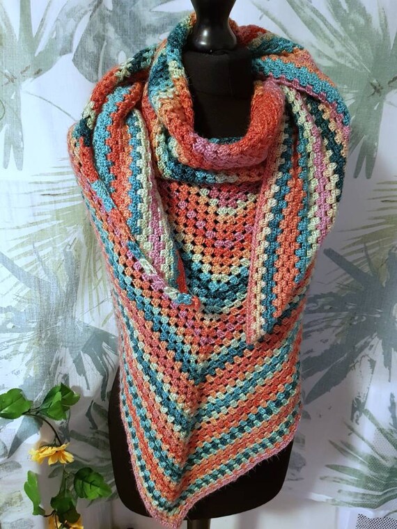 Bright Pink Rainbow Wrap Around Shawl Spring Crochet Scarf