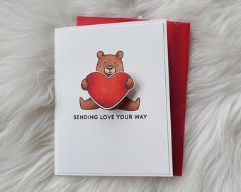 Sending Love Greeting Card- Valentine - Anniversary - I Love You - Valentine's Day Card - Handmade Card - Get Well Soon Card - Bear Cards