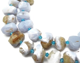 18 Pcs 8 Strand 10mm-12mm Blue Lace Agate Rounded Faceted Nugget