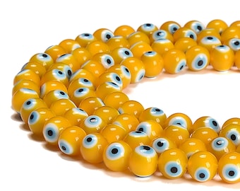 Yellow Evil Eye Glass Smooth Round Beads Size 6mm 8mm 10mm 15.5'' Strand