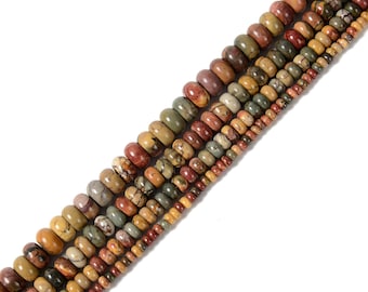 May include: A strand of colorful, round, natural stone beads. The beads are various shades of brown, red, and green. The beads are strung on a clear thread.