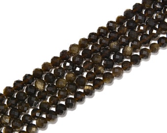 Gold Sheen Obsidian Faceted Round Beads Size 2mm 3mm 4mm 15.5'' Strand