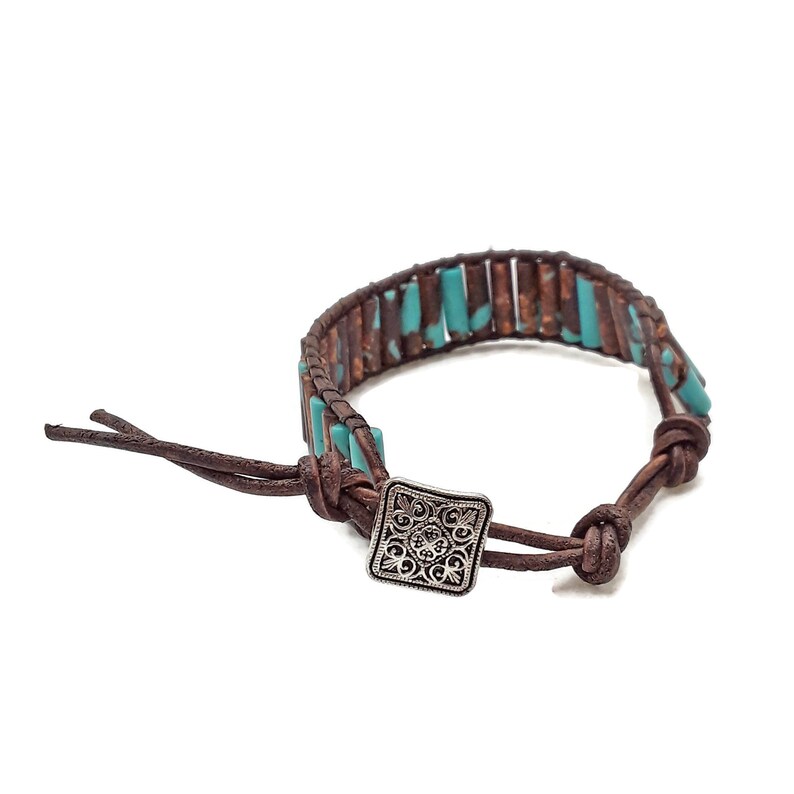 Bronzite Turquoise Stone Round Tube Leather Wrap Bracelet