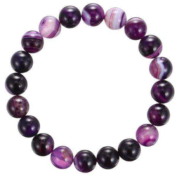 Purple Stripe Agate Bracelet Smooth Round Size 8mm 10mm 7.5" Length