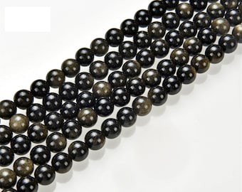 Gold Obsidian LiZiFang 6mm Natural Black Obsidian Gemstone Crystal Round Bead Long Necklace