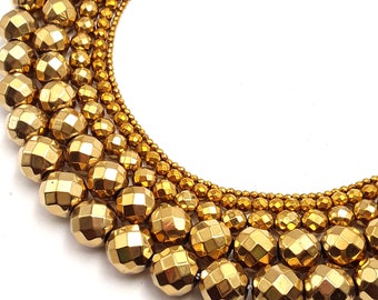 Gold Hematite Faceted Round Beads 2mm 3mm 4mm 6mm 8mm 12mm 15.5" Strand