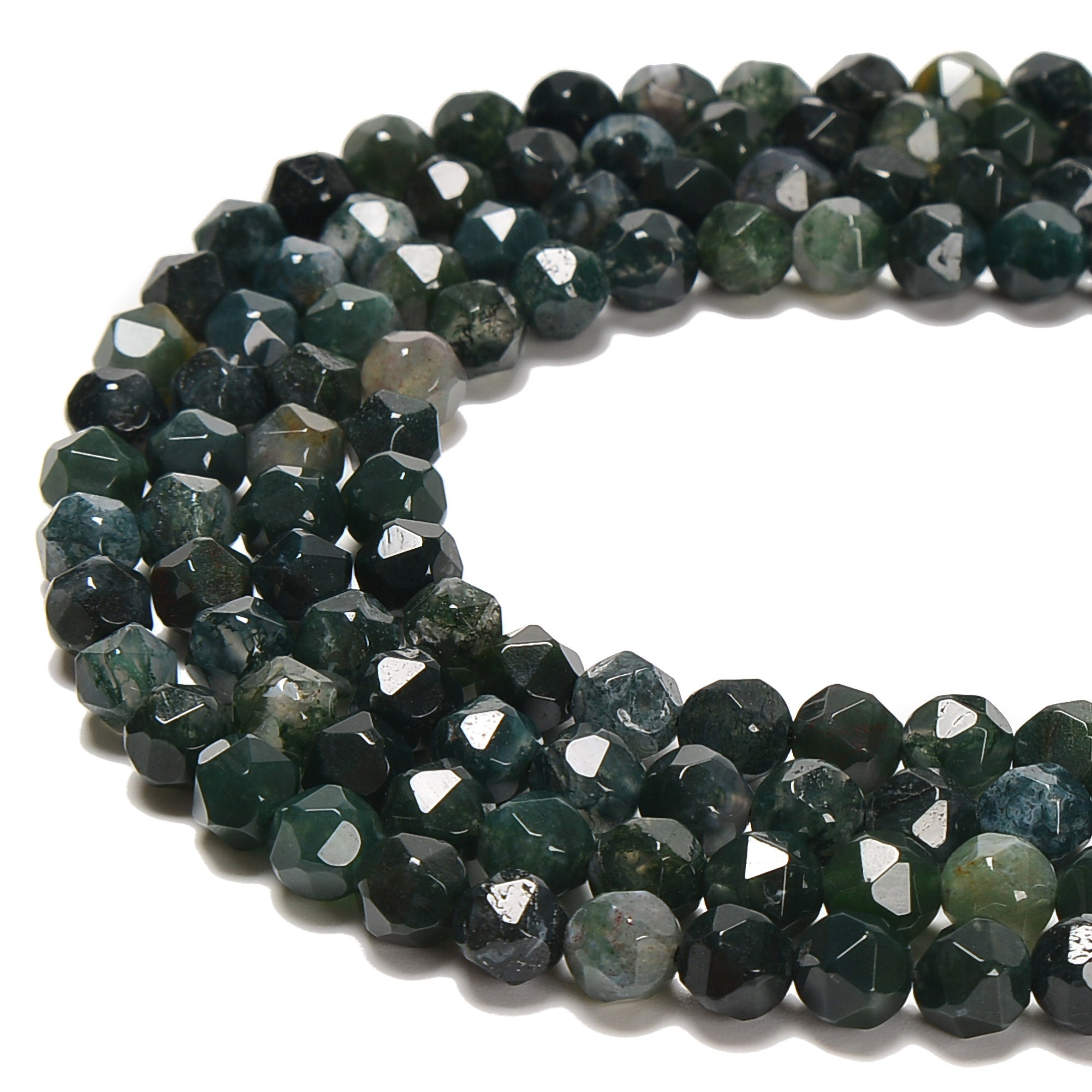 15 ½ IN 8 mm Faceted Natural Moss Agate Beads