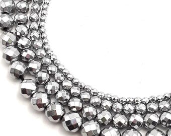 Silver Hematite Faceted Round Beads 2mm 3mm 4mm 6mm 8mm 10mm 12mm 15.5" Strand