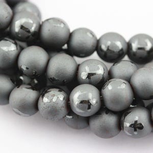 Natural Hematite Anchor Shiny Design Matte Round Beads 8mm 15.5&quot; Strand