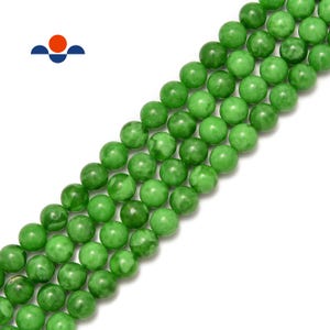 May include: Strands of round, green beads with a marbled appearance. The beads are a vibrant shade of green, and each bead appears to be approximately 8mm in diameter. The beads are strung together, creating a pattern of parallel lines against a white background.