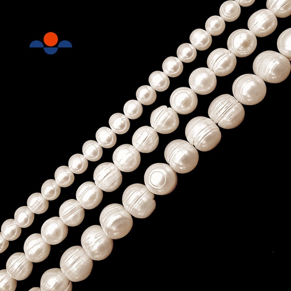 Fresh Water Pearl White Ringed Potato Round Beads 5mm 6mm 8mm 10mm 12mm 14''Strd