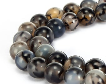 Black White Dragon Vein Agate Smooth Round Beads 6mm 8mm 10mm 15.5" Strand