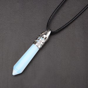 Opalite Pendulum Healing Pendant Point 10x65mm Silver Leather Cord