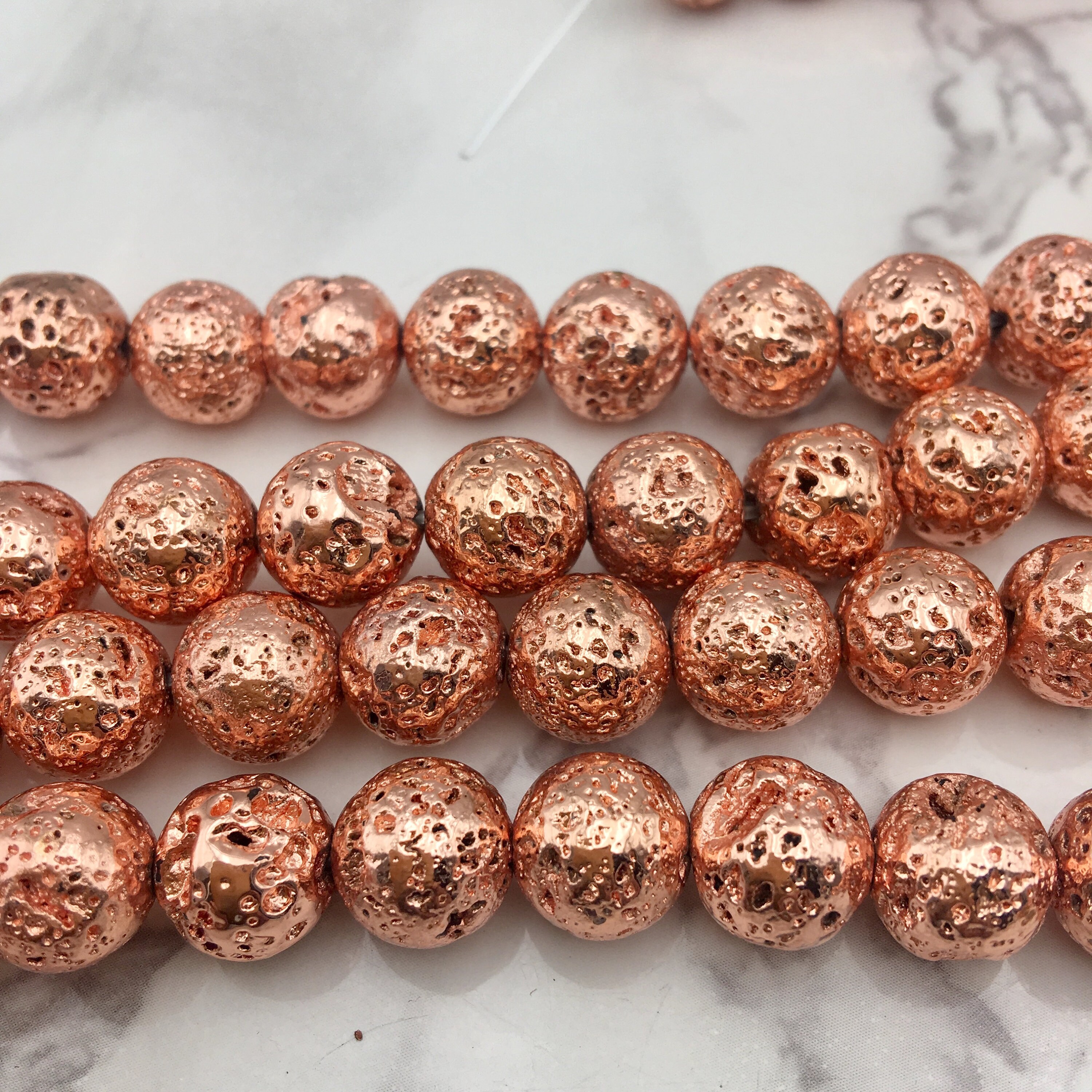 Rose Gold Plated Lava Rock Beads, Shimmery Textured Beads BS #9, sizes 6 mm  8 mm 10 mm in 15.4 inch Strands