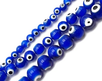 Blue Evil Eye Glass Smooth Round Beads Size 6mm 8mm 10mm 15.5" Strand