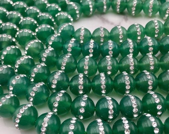 Green Agate /w Rhinestone Round Beads 6mm 8mm 10mm 15.5" Strand