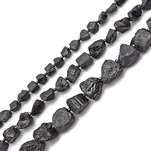 Black Tourmaline Rough Nugget Chunk Beads 10mm 15mm 18mm 15.5&#39;&#39; Strand