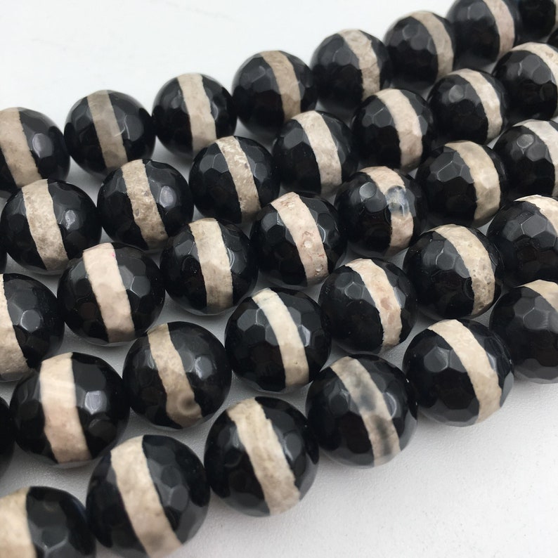 Black /& White Stripe Tibetan Agate Faceted Round Beads 8mm 10mm 12mm 15.5 Strnd