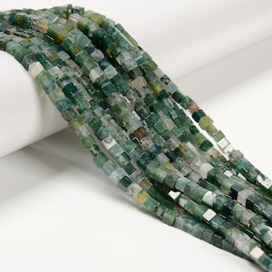 Natural Moss Agate Smooth Cube Beads Size 4mm 15.5'' Strand