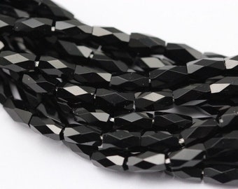 Black Crystal Glass Faceted Rice Tube Beads 4x7mm 15.5" Strand
