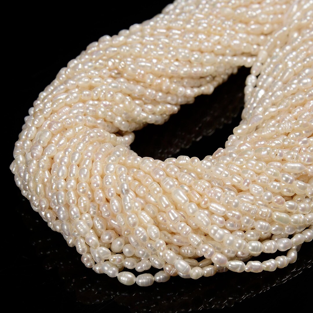 White Fresh Water Pearl Ringed Rice Shape Beads Size 3mm X 4-5mm 14 ...