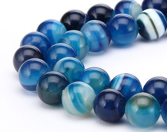 Blue Stripe Agate Smooth Round Beads 6mm 8mm 10mm 12mm 15.5" Strand