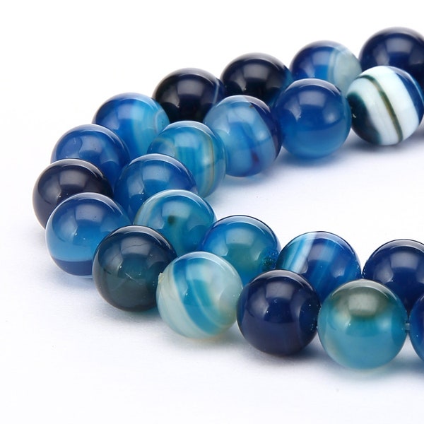 Blue Stripe Agate Smooth Round Beads 6mm 8mm 10mm 12mm 15.5" Strand